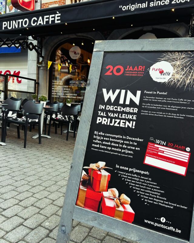 How how how… exact 20 jaar begon ons verhaal in de Leopold Vanderkelenstraat in Leuven…. Ondertussen schrijven we verder aan dat mooie verhaal in de Brusselsestraat….
Nog elke dag staan we klaar om jullie te verwennen met al ons lekkers….
Al 20 jaar mag ik me laten omringen door fantastische mensen… studenten, flexi’s, vaste medewerkers… dikke dankuwel ❤️
Maar een verhaal schrijf je niet alleen, vooreerst onze klanten, door weer en wind komen jullie langs, voor je dagelijkse koffie, een brownie of iets anders lekkers.
Er zijn vriendschappen ontstaan, we hebben gelachen, plezier gemaakt… maar er waren ook mindere momenten, hier en daar een crisis, een pandemie…
Maar… we hebben het allemaal overleefd ❤️
Hop naar de volgende jaren…
Dankjulliewel ❤️

#puntocaffe #20years #leuven #coffee #smoothies #thankyou #bagels #pateekes #originalsince2004 #lunch #brunch #espresso #love #liefstleuven #local #totzo